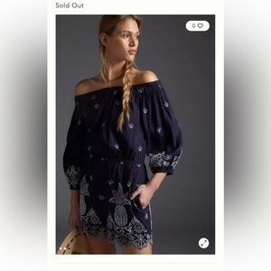 Farm Rio by Anthropologie Jackie Embroidered Navy & White Linen Romper size S